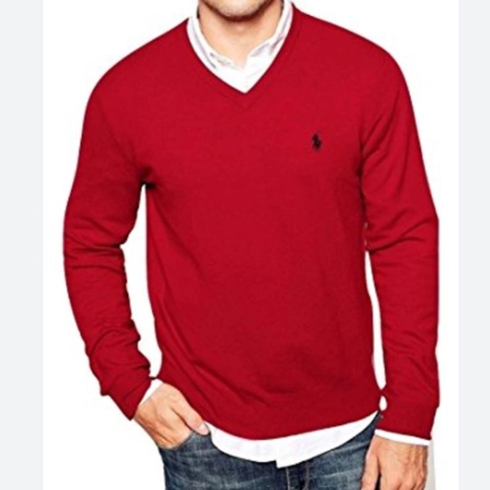 Polo Ralph Lauren Red Lambswool V-Neck Long Sleeve Sweater Size L